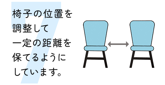 椅子の位置を 調整して 一定の距離を 保てるように しています。